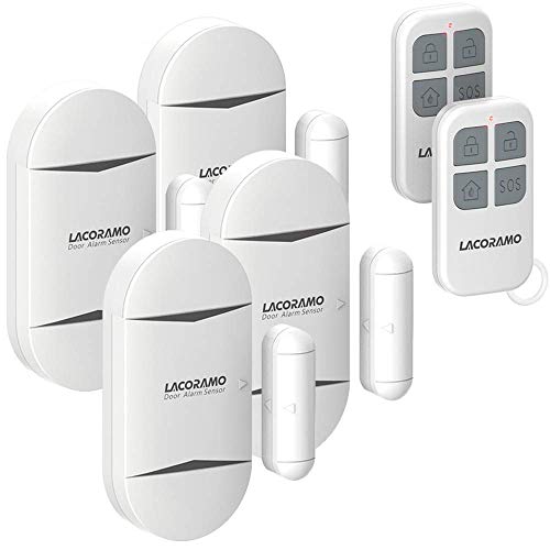 LACORAMO 130db Sensor de alarma para puertas y ventanas con 2 controles remotos, 2 baterías, campana de apertura de contacto magnético inalámbrico para niños, hogar, refrigerador, tienda (4 paquetes)