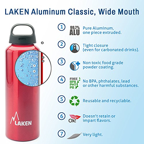 Laken Classic Botella de Agua Cantimplora de Aluminio con Tapón de Rosca y Boca Ancha, 1L Azul