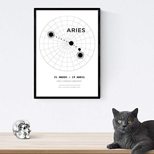 Lamina con la constelación Aries. Poster con símbolo del zodiaco en tamaño A4 con marco y fondo del cielo estrellado