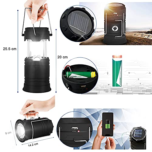 Lámpara solar LED de camping XVZ, portátil, linterna de camping, linterna recargable USB y micro puerto, lámpara de camping IPX4, impermeable, para tienda de campaña, emergencia, senderis, color negro