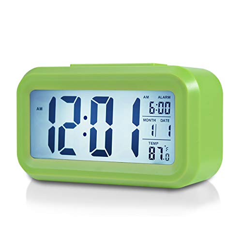 Lancoon Despertador De Viaje - Reloj Digital con Pantalla LCD Grande, Luz De Fondo Azul, Calendario, Repetición Y Pantalla De Temperatura - AC06 Verde