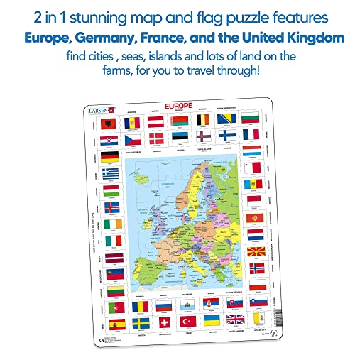 Larsen KL1 Banderas y Mapa político de Europa, edición en Inglés, Puzzle de Marco con 70 Piezas