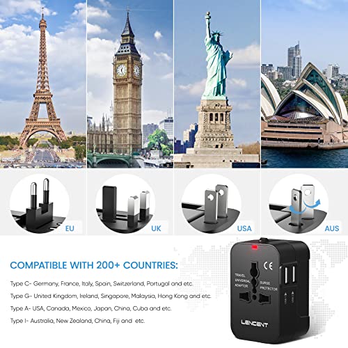 LENTENT Adaptador de Viaje, Adaptador Enchufe Universal, Enchufe de Viaje para más de 200 países, Compatible con EU/UK/EEUU/AUS, Adaptador Enchufe con 2 Puertos de USB