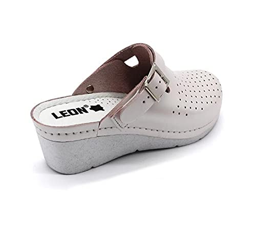 LEON 1000 Zuecos Mules Zapatillas Zapatos de Cuero, Mujer, Perla, EU 39