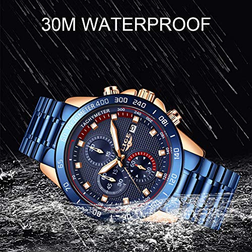LIGE Reloj para Hombre Cronógrafo Correa de Acero Inoxidable Impermeable Deportes Negocios Casual Caballero Reloj Azul