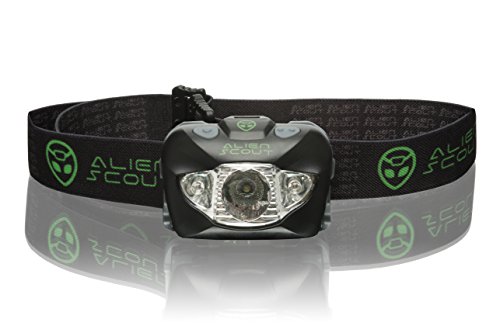 Linterna Frontal de Alien Scout - Gama Alta – Impermeable, Resistente a los Golpes y Súper Brillante - Tecnología CR XP-E LED – Múltiples Modos de Alumbrado Fijo e Intermitente - Blanco/Rojo/SOS