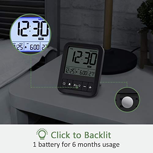 LIORQUE Reloj Despertador para Viaje Despertador Digital Portátil con Función Snooze/Calendario/Temperatura/Luz de Fondo - Negro (Batería Incluida)