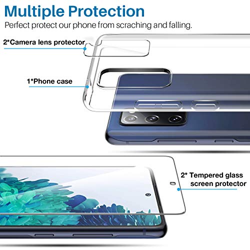 LK Compatible con Samsung Galaxy S20 FE 4G/5G Funda, 2 Pack HD Cristal Protector de Pantalla y 2 Vidrio Templado Protector de Lente de cámara, Carcasa Suave TPU Silicona Cover - Clara