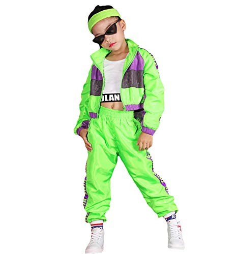 LOLANTA Conjunto de ropa de hip hop para niñas de 3 piezas, traje de baile callejero para niños, chaleco recortado, chaqueta verde fluorescente y pantalones de chándal (verde, 8-9 años)