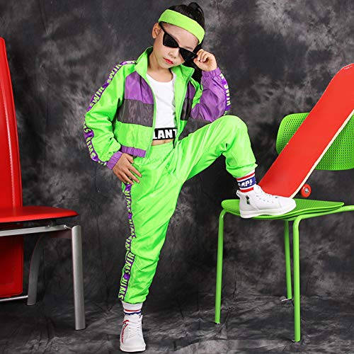 LOLANTA Conjunto de ropa de hip hop para niñas de 3 piezas, traje de baile callejero para niños, chaleco recortado, chaqueta verde fluorescente y pantalones de chándal (verde, 8-9 años)