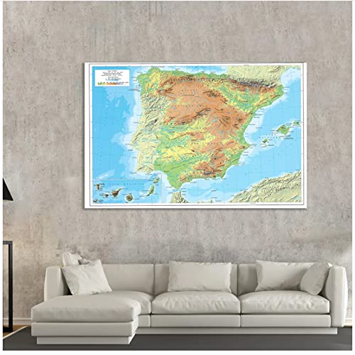 LonftGhhP España Mapa Topografía Lienzo no Tejido Pintura de Pared Póster Artístico Útiles Escolares Decoración para el hogar- 42x60cm ​Sin Marco