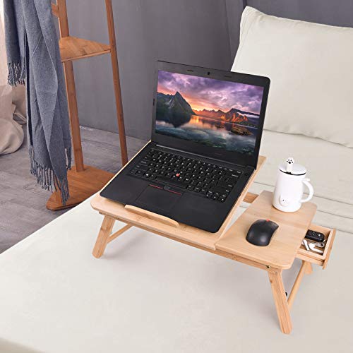 Longko Mesa de Bambú para Portátil, Mesa Plegable y Ajustable para Laptop de 4 Niveles, Bandeja Inclinable para Portátil y Tableta para Escribir, Leer, Comer, Sofá