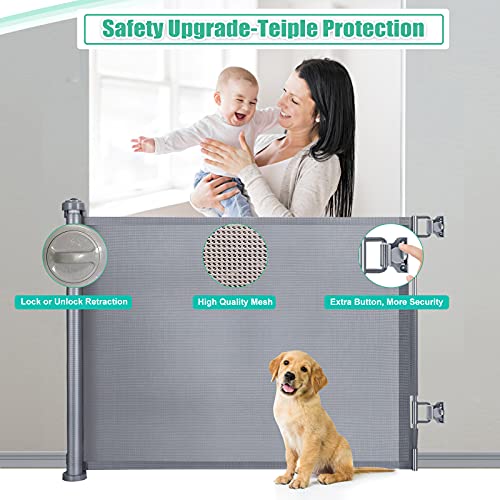 LSZE Barrera Seguridad Niños Escalera Extensible 0-150cm Retráctil Vallas para Bebés, Niños,Perros y Mascotas,Puertas de Seguridad Enrollables para Escaleras,Pasillos,Interiores y Exteriores(Gris)