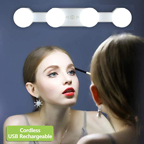 Luces para Espejo de Maquillaje LED Tocador, Kit de Luces de Espejo de Make Up Sin Cuerda Portátil Recargable, 4 Bombillas Regulables Temperatura de Color, para Tocador Baño (Sin Espejo)