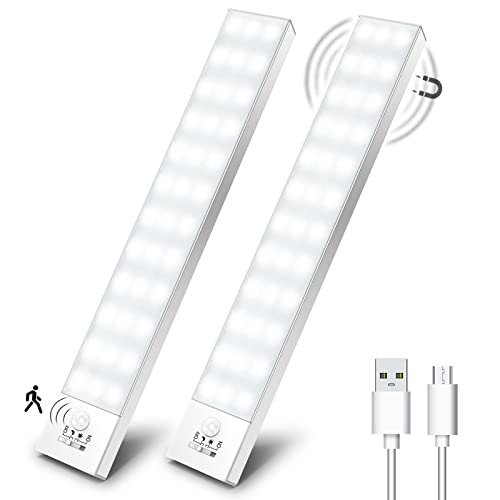 Luz LED Armario Magnética con Sensor Movimiento 36 LEDs 4 Modos Luz LED Adhesiva USB Recargable 800mAh Luz Nocturna para Escaleras, Armario, Pasillo, Cocina, Garaje-2 Packs