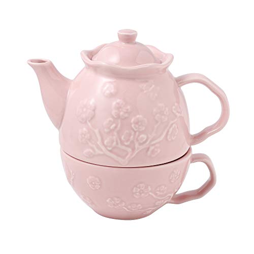 MALACASA, Serie Sweet.Time Conjunto de Tetera Individual Porcelana, Juego de Té para uno, Color Rosa Diseño de Flores en Relieve