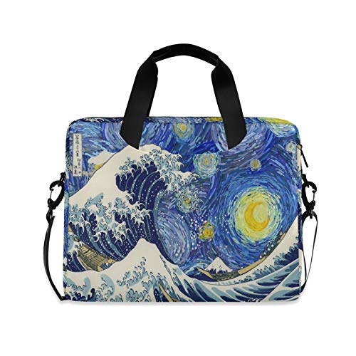 Maletín para portátil de 15.6 a 14 y 15 pulgadas, Van Gogh Starry Night Great Wave Fuji Mountain portátil, maletín de manga portátil, correa de hombro ajustable y asa