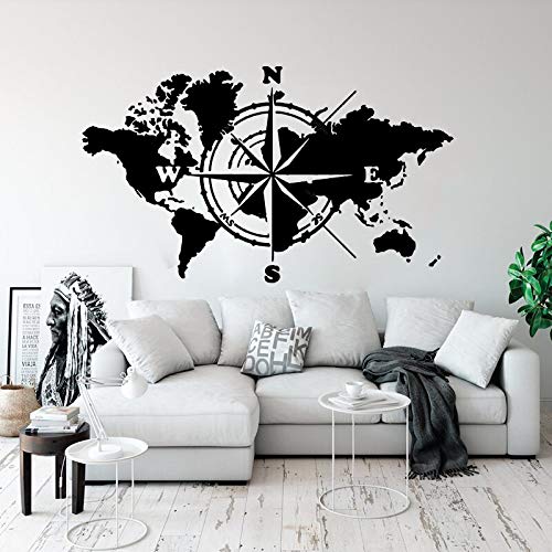 Mapa del mundo brújula del mundo pegatina de pared aula tierra global mapa del mundo calcomanía vinilo mural decorativo A7 56x33cm