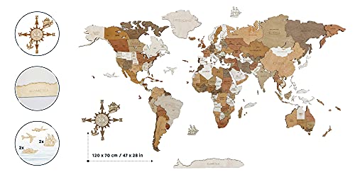 Mapa del mundo de madera para decoración de pared – multicapa de madera teñida multicolor, nombres grabados – Efecto único 3D – para sala de estar, oficina y dormitorio (120x70 cm)