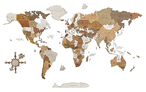 Mapa del mundo de madera para decoración de pared – multicapa de madera teñida multicolor, nombres grabados – Efecto único 3D – para sala de estar, oficina y dormitorio (120x70 cm)