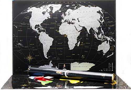 Mapa mundo para rascar - Luxury Mapa Diseño Único y Fabricado en Europa - Seguidor de Viajes, Poster, Comparte y Recuerda tus Aventuras de Viaje, Mapa Mundial (Color Plata)