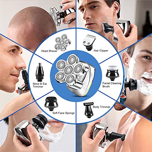 Maquina Afeitar Cabeza, 6 en 1 Afeitadora Cabeza Hombre Rotativa Impermeable En Seco y Húmedo Afeitadora para la Calva Para La Nariz Recortadora De Barba Carga USB
