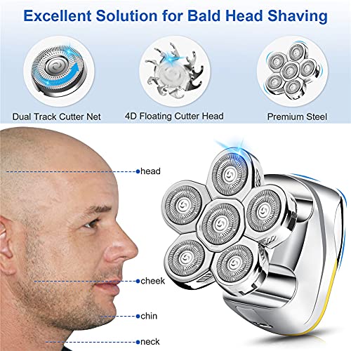 Maquina Afeitar Cabeza, 6 en 1 Afeitadora Cabeza Hombre Rotativa Impermeable En Seco y Húmedo Afeitadora para la Calva Para La Nariz Recortadora De Barba Carga USB