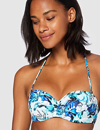 Marca Amazon - IRIS & LILLY Top de Bikini con Estampado de Flores Mujer, Azul (Blue Leaf), M, Label: M