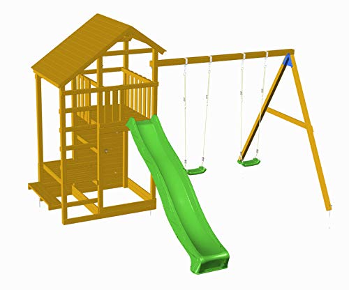 | MASGAMES | Parque infantil TEIDE XL | Columpio de dos plazas | Altura plataforma 150 cm | Pared de escalada | Tobogán con conector a manguera | Anclajes incluidos | Uso doméstico |