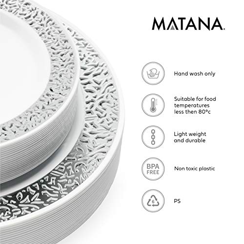 MATANA - 40 Platos de Plástico Blanco con Borde Plateado - 2 Tamaños 18 y 26 cm