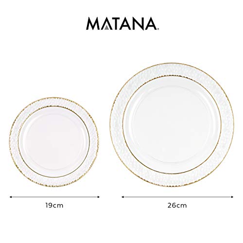MATANA - 40 Platos Transparentes de Plástico Duro con Borde Dorado - 2 Tamaños (19 cm y 26 cm)/ Menaje Desechable Fiestas