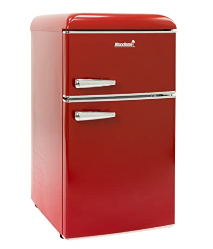 MaxxHome - Frigorífico retro con compartimento congelador, bandeja para verduras, 3 compartimentos, 2 estantes de cristal, 90 L, color rojo