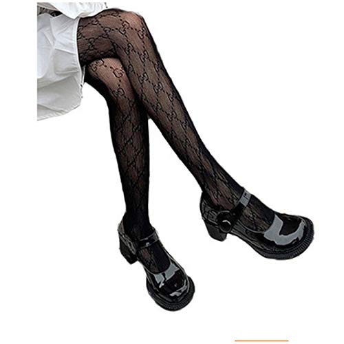 Medias de rejilla de letra G doble para mujer Pantalones delgados ajustados pantalones de malla negro/blanco, Negro, talla única