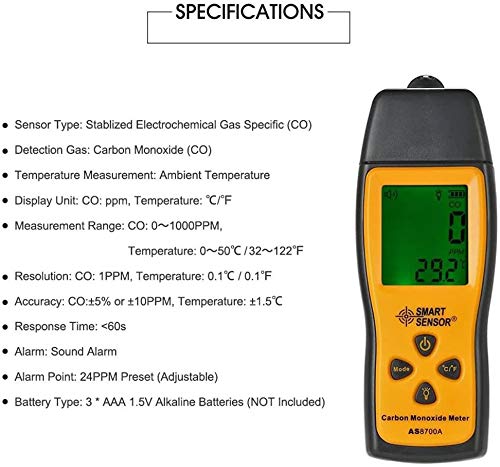 Medidor de monóxido de carbono portátil Analizador de detector de fugas de CO digital de alta precisión Rango 1000 ppm