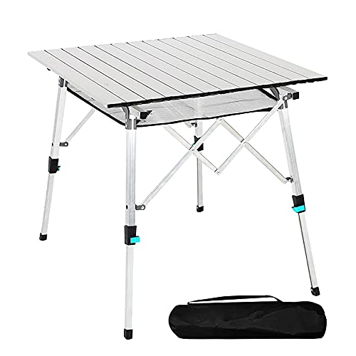 Mesa de camping plegable con tablero de aluminio, ligera, plegable, portátil, con bolsa de transporte, 70 x 70 cm, mesa plegable portátil para exteriores, mesa plegable (plateada)