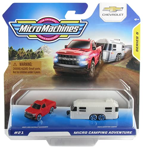 Micro Machines Starter Pack Series 5 Camping – Incluye 3 vehículos, Autocaravana y Auto Chevrolet – Posibilidad de Algo Raro – Colección de Coches de Juguete Micromachines