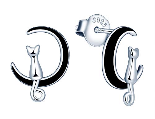 MicVivien Pendientes de plata de ley 925 con diseño de gato en la luna y luna media luna negra para mujeres y niñas