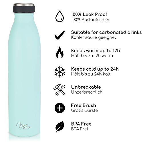 Milu Termo Botella de Agua 500ml, 750ml, 1l - Acero Inoxidable - Aislamiento de Vacío de Doble Pared - Libre BPA (Menta, 500ml)