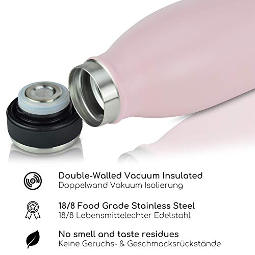 Milu Termo Botella de Agua 500ml, 750ml, 1l - Acero Inoxidable - Aislamiento de Vacío de Doble Pared - Libre BPA (Rosa, 500ml)