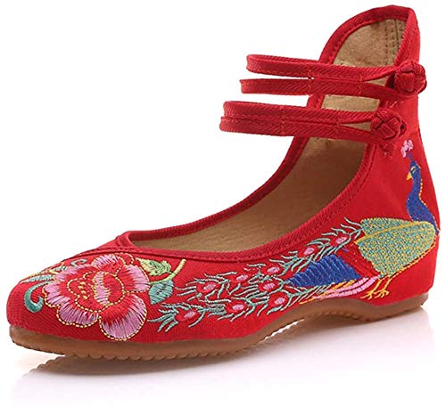 Minetom Vintage Estilo Chino Pintura de Tinta de Plataforma Mary Jane Merceditas de Mujer Flores Bordado Cómodo Casual Zapatos de Party Dress Rojo EU 36