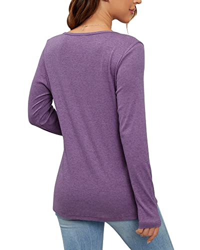 MISFAY Mujer de Manga Larga para Tops Casuales en V Cuello Henley Camisetas Blusas Blusas(Púrpura,Medium)