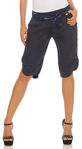 Mississhop Bermudas para mujer, 100 % lino, holgadas, pantalones cortos con cinturón y botones azul oscuro 38-40