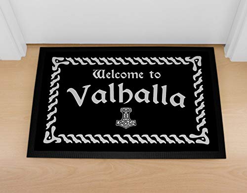 MoonWorks® Felpudo con texto "Welcome to Valhalla Willkommen mitología nórdica Odin Thor", antideslizante y lavable, color negro, 60 x 40 cm