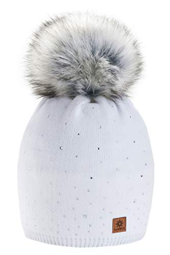 Morefaz - Gorro de invierno de forro polar para mujer con cristales y pompón multicolor blanco M/L