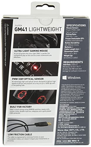 MSI Clutch GM41 Lightweight - Ratón Gaming (16000 dpi, RGB, 6 Botones, 2m FriXionFree Cable Trenzado, Diseño Simétrico) Negro
