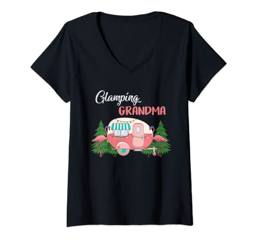 Mujer Disfraz de abuela Glamping Camping RV Flamingos Camper Camiseta Cuello V