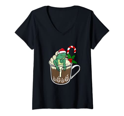 Mujer Iguana está sentado en cacao caliente chocolate bebida de navidad Camiseta Cuello V