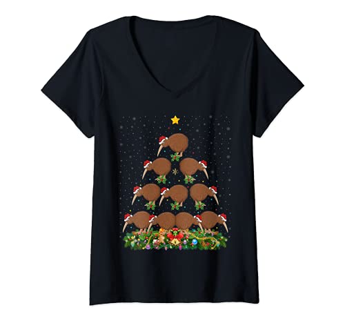 Mujer Kiwi Birds Árbol de Navidad Regalo Santa Hat Kiwi Navidad Camiseta Cuello V