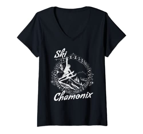 Mujer Nieve Esquí Chamonix Vintage Francés Vacaciones Nieve Esquí Camiseta Cuello V