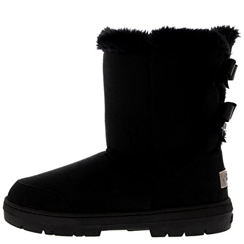 Mujer Twin Bow Tall Classic Fur Impermeable Invierno Rain Nieve Botas - Negro - 40